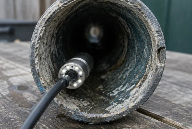 Representative service illustration: compact illuminated drain camera head at the mouth of a pipe