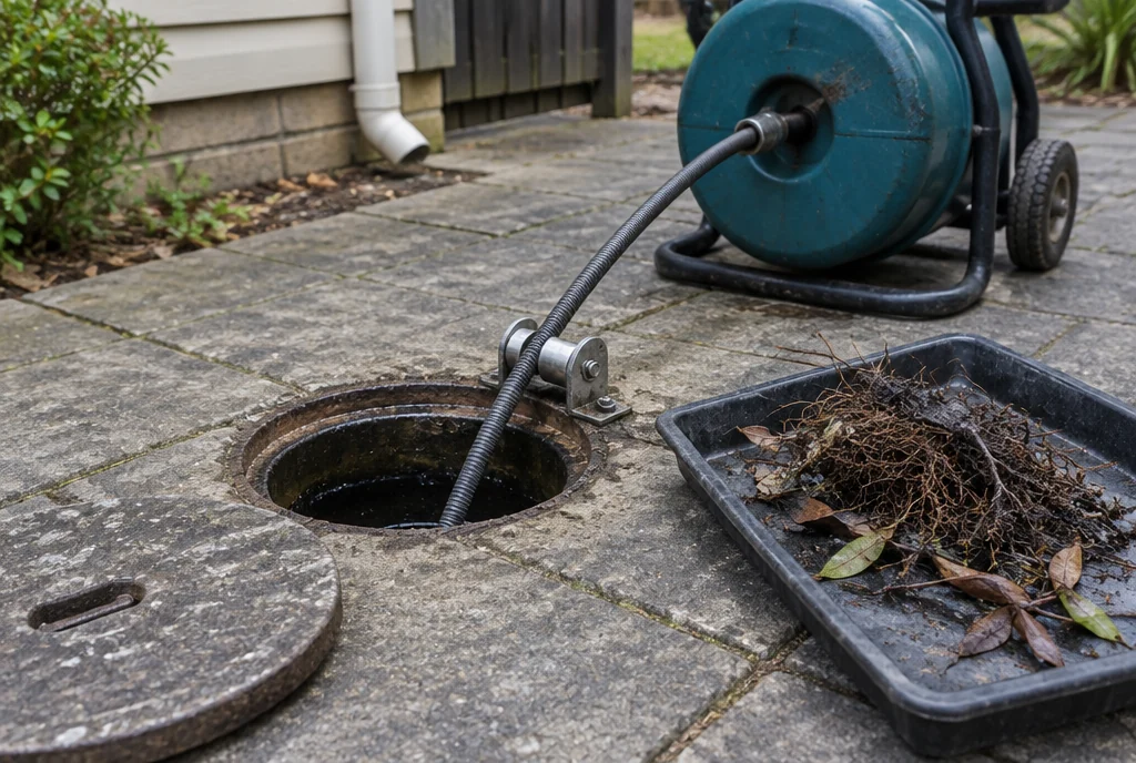 AI-generated service illustration: an open drain with a clearing cable guide, a tray of removed roots and a teal drum behind