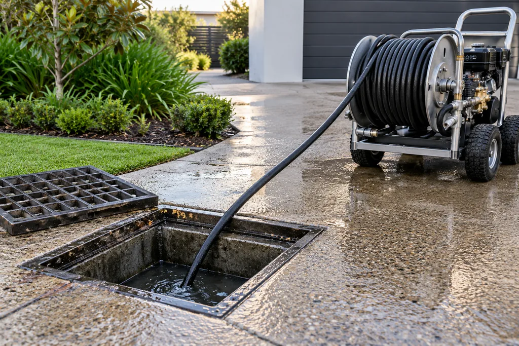 Representative service photo: a high-pressure water jetting unit with a hose reel feeding a jetting hose into a drain