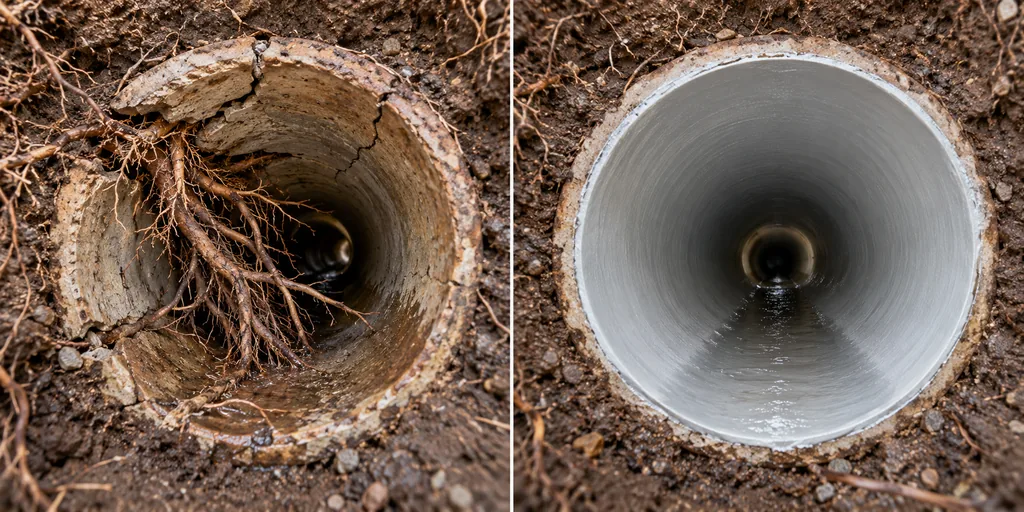 Representative service photo: a before and after comparison showing tree roots blocking a cracked old drain pipe on the left and the same pipe relined with a smooth new liner on the right